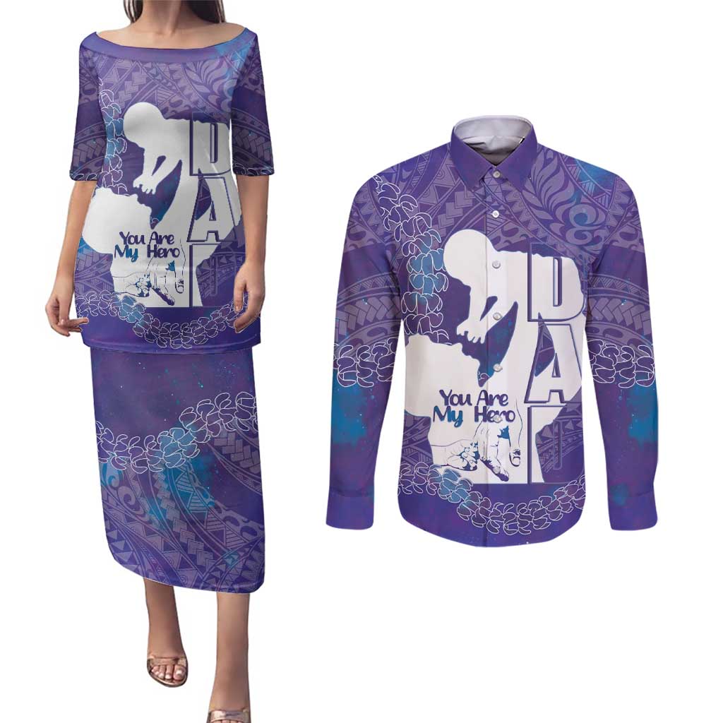 Purple Polynesia Father's Day Couples Matching Puletasi and Long Sleeve Button Shirt Dad You Are My Hero LT14 Purple - Polynesian Pride