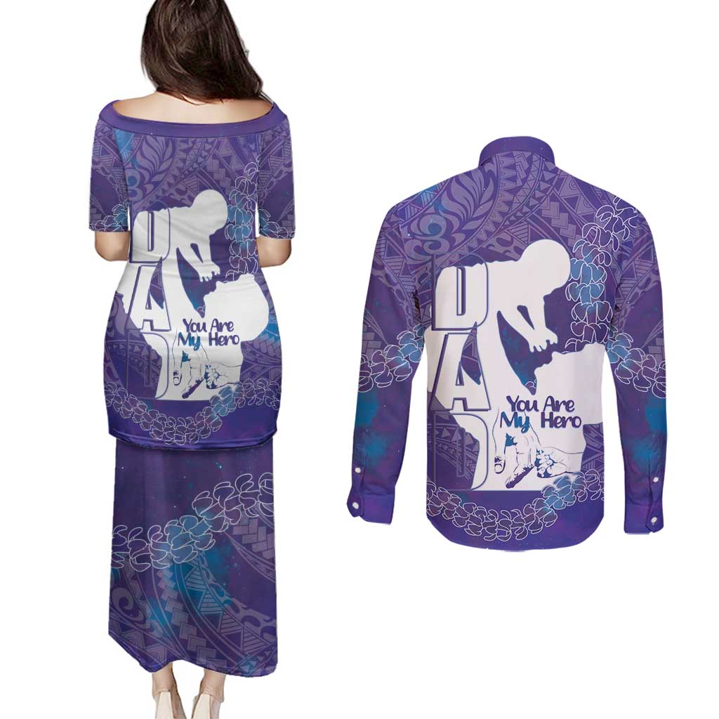 Purple Polynesia Father's Day Couples Matching Puletasi and Long Sleeve Button Shirt Dad You Are My Hero LT14 - Polynesian Pride
