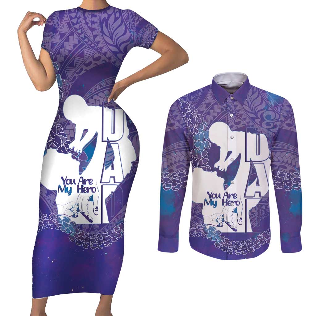 Purple Polynesia Father's Day Couples Matching Short Sleeve Bodycon Dress and Long Sleeve Button Shirt Dad You Are My Hero LT14 Purple - Polynesian Pride