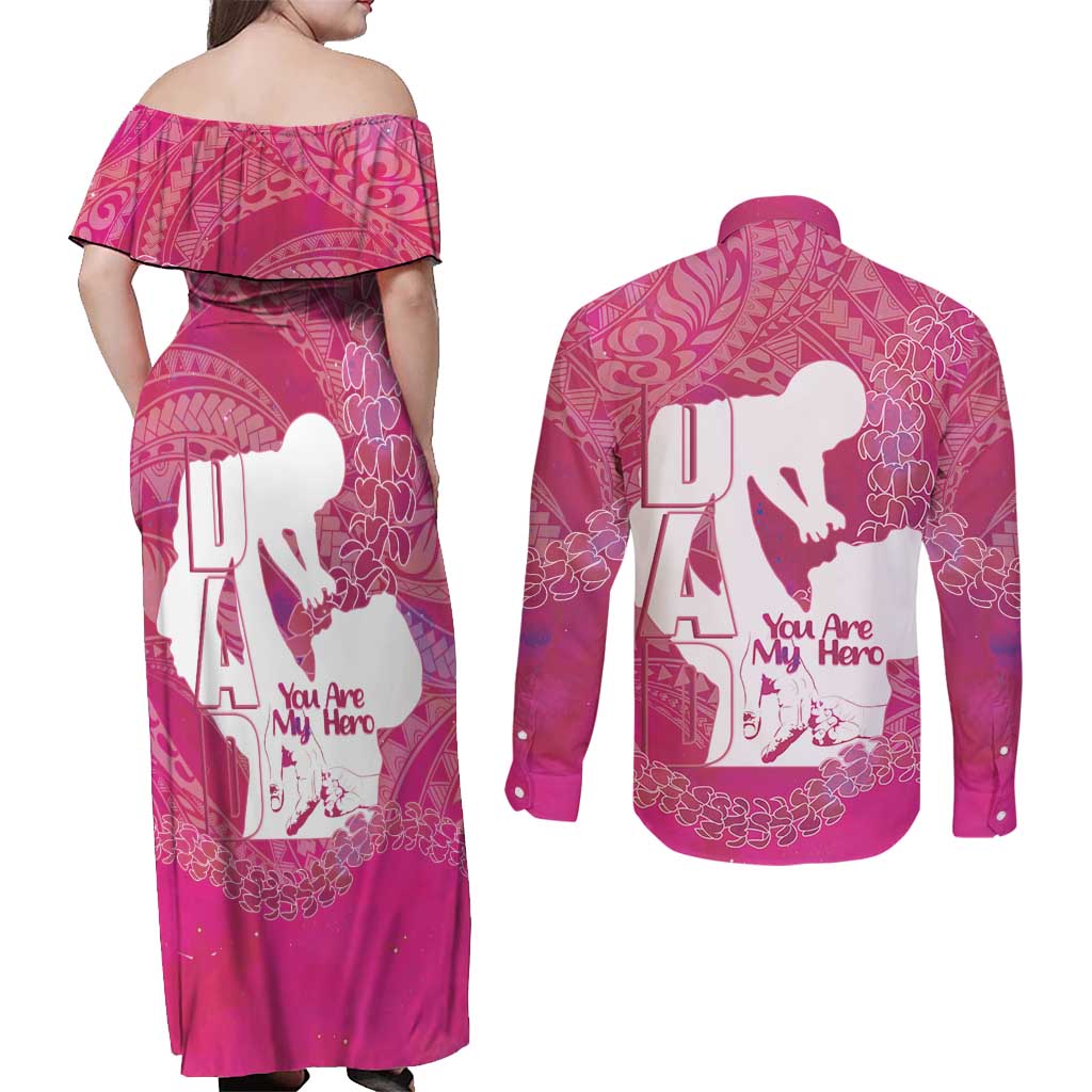 Pink Polynesia Father's Day Couples Matching Off Shoulder Maxi Dress and Long Sleeve Button Shirt Dad You Are My Hero