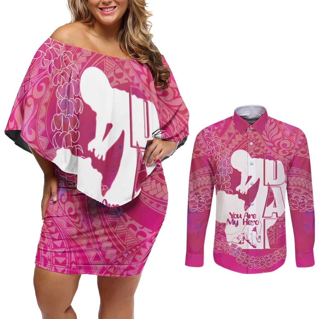 Pink Polynesia Father's Day Couples Matching Off Shoulder Short Dress and Long Sleeve Button Shirt Dad You Are My Hero LT14 Pink - Polynesian Pride