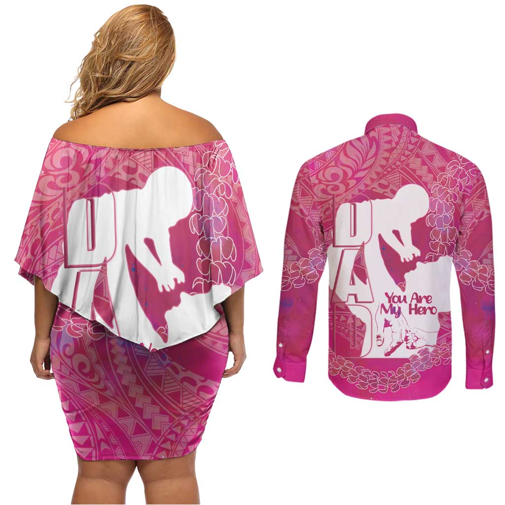 Pink Polynesia Father's Day Couples Matching Off Shoulder Short Dress and Long Sleeve Button Shirt Dad You Are My Hero LT14 - Polynesian Pride