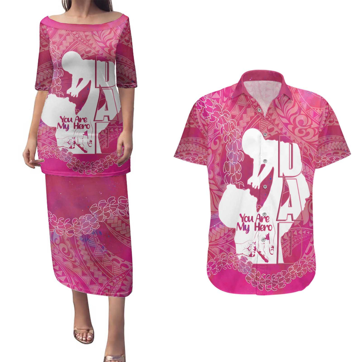 Pink Polynesia Father's Day Couples Matching Puletasi and Hawaiian Shirt Dad You Are My Hero LT14 Pink - Polynesian Pride