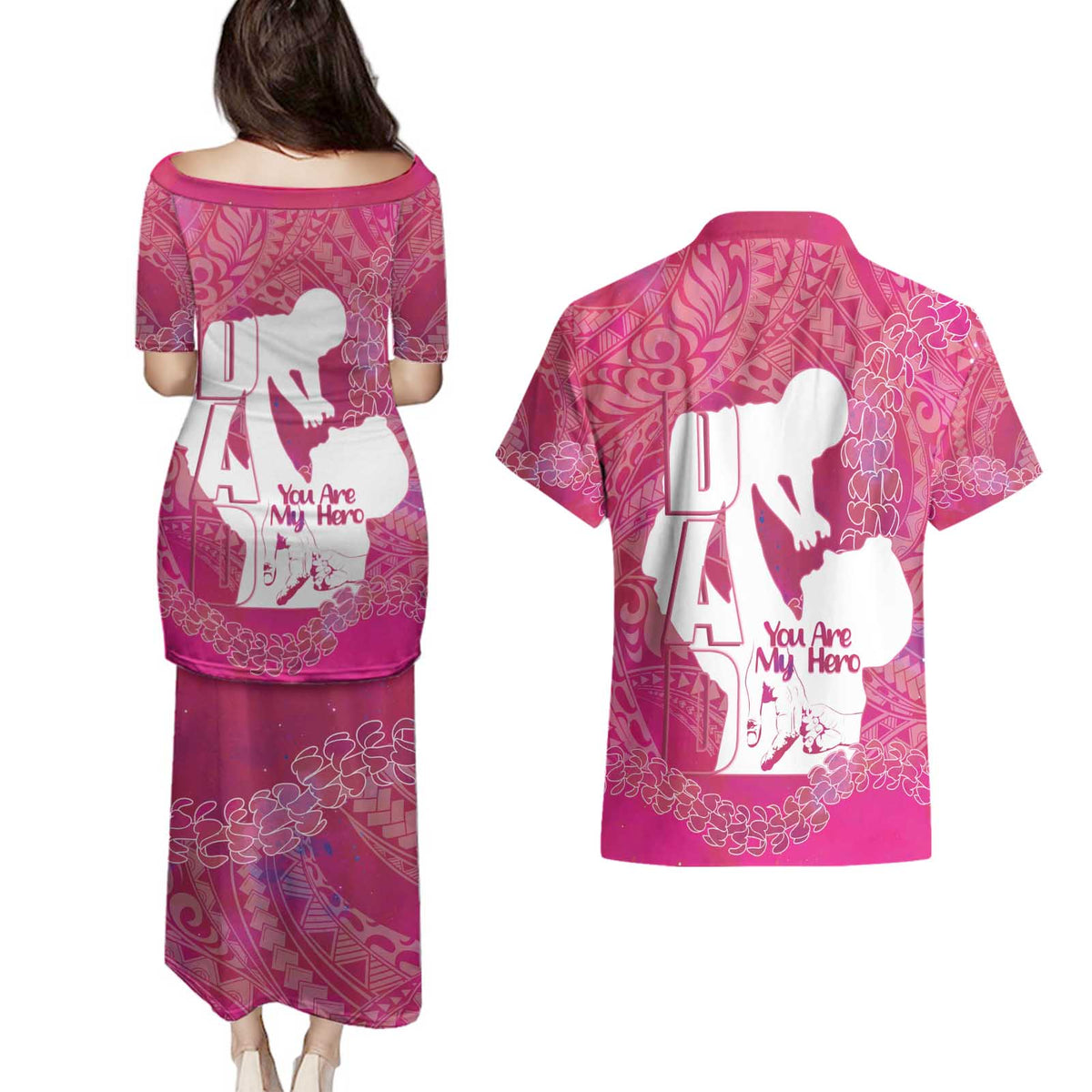 Pink Polynesia Father's Day Couples Matching Puletasi and Hawaiian Shirt Dad You Are My Hero LT14 - Polynesian Pride