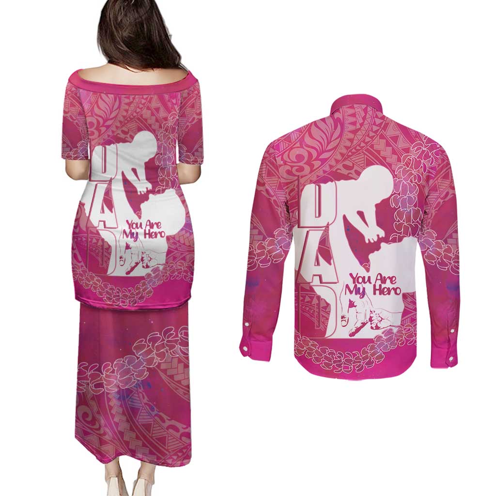 Pink Polynesia Father's Day Couples Matching Puletasi and Long Sleeve Button Shirt Dad You Are My Hero LT14 - Polynesian Pride