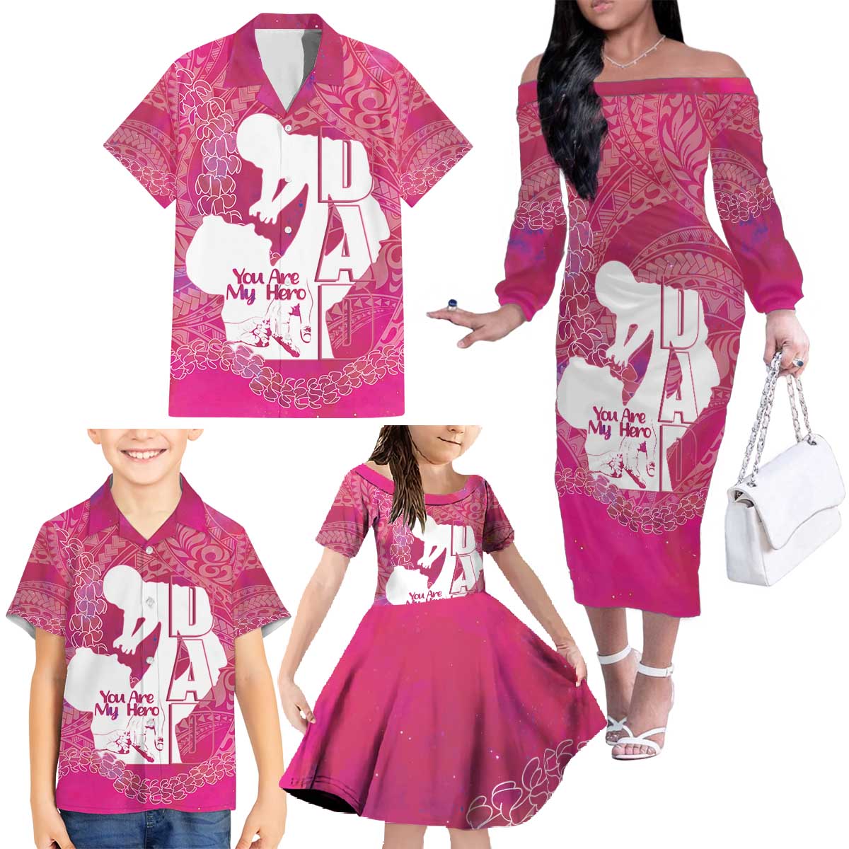 Pink Polynesia Father's Day Family Matching Off The Shoulder Long Sleeve Dress and Hawaiian Shirt Dad You Are My Hero LT14 - Polynesian Pride
