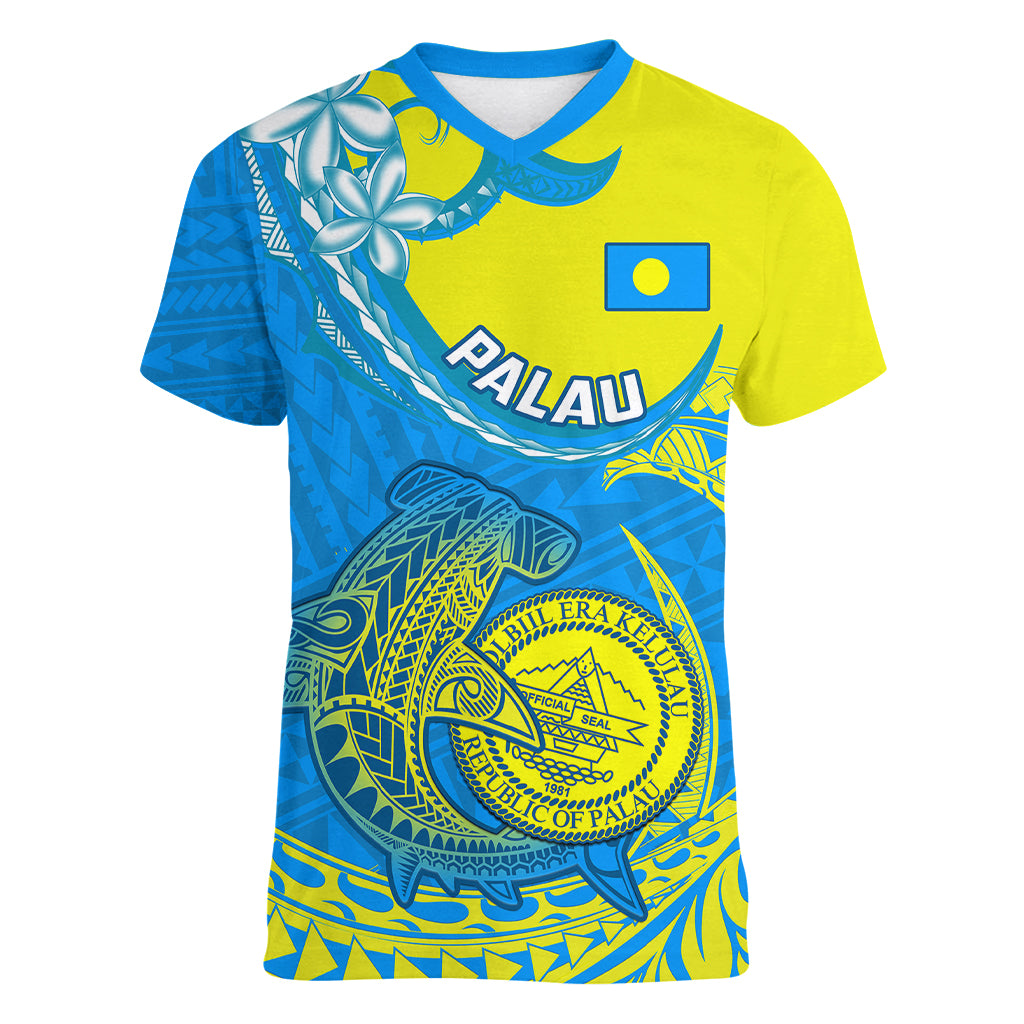 Palau Independence Day Women V Neck T Shirt Happy 29th Anniversary Polynesian Hammerhead Shark LT14 Female Blue - Polynesian Pride
