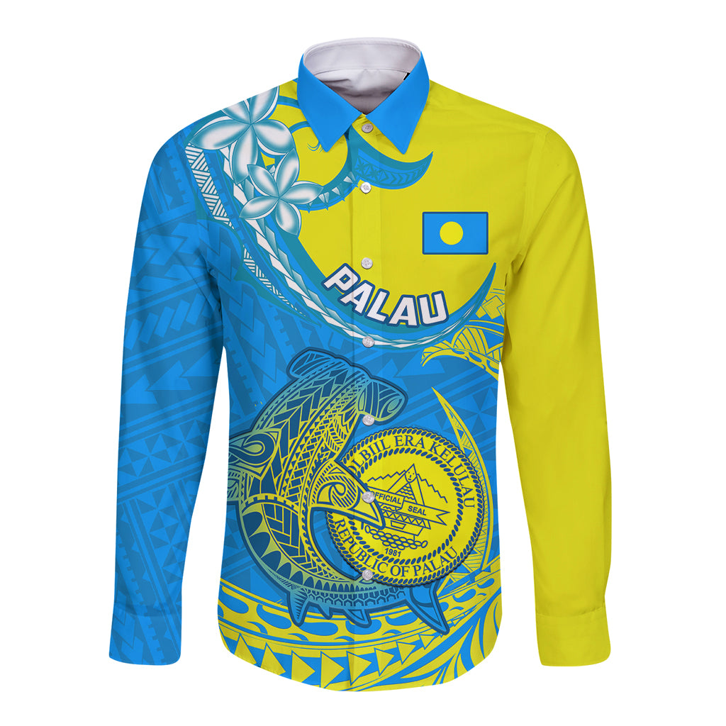 Personalised Palau Independence Day Long Sleeve Button Shirt Happy 29th Anniversary Polynesian Hammerhead Shark LT14 Unisex Blue - Polynesian Pride