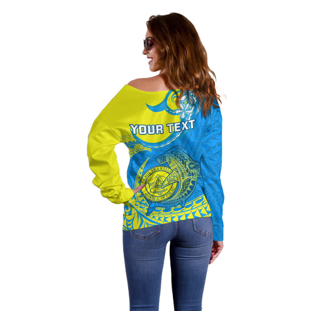 Personalised Palau Independence Day Off Shoulder Sweater Happy 29th Anniversary Polynesian Hammerhead Shark LT14 - Polynesian Pride
