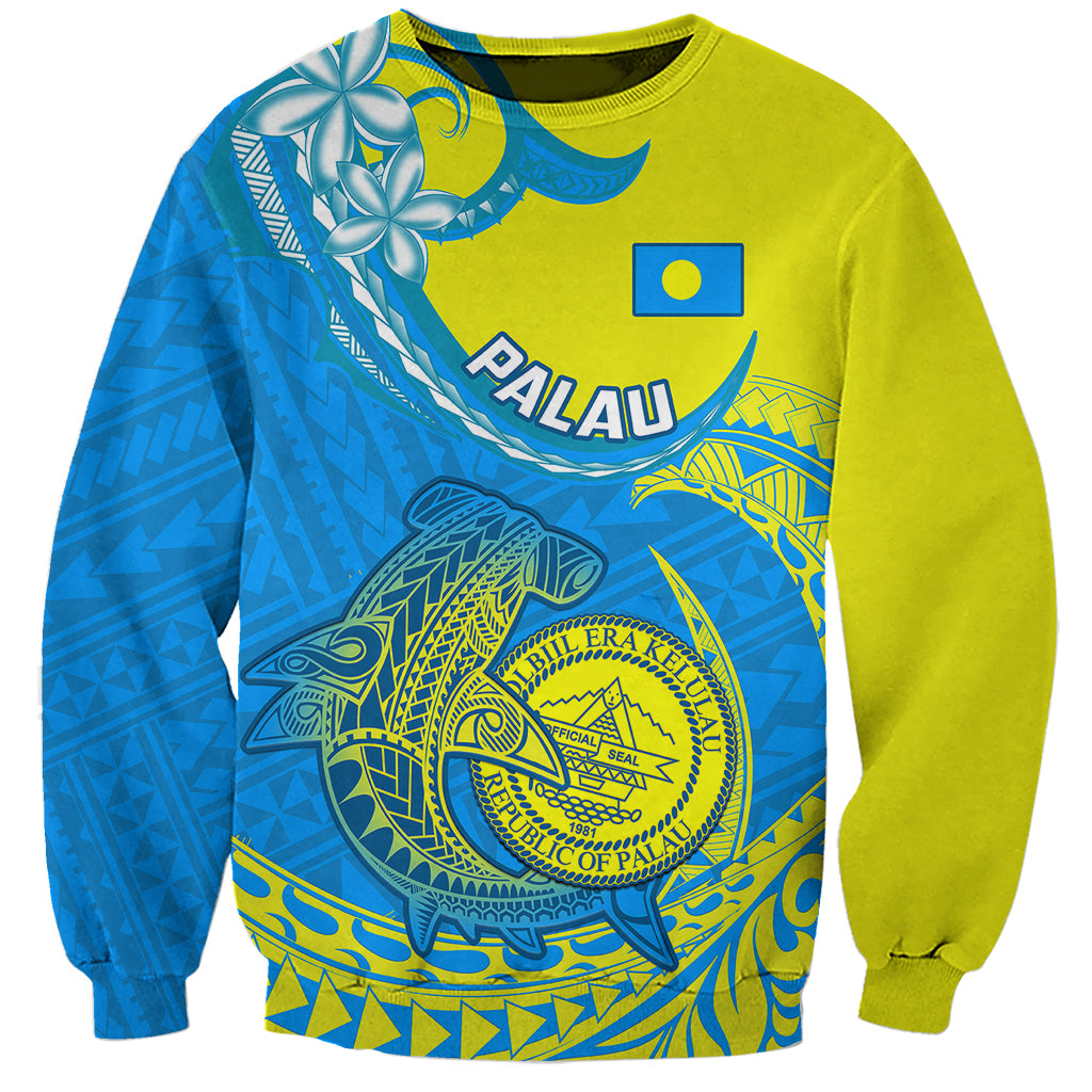 Personalised Palau Independence Day Sweatshirt Happy 29th Anniversary Polynesian Hammerhead Shark LT14 Unisex Blue - Polynesian Pride