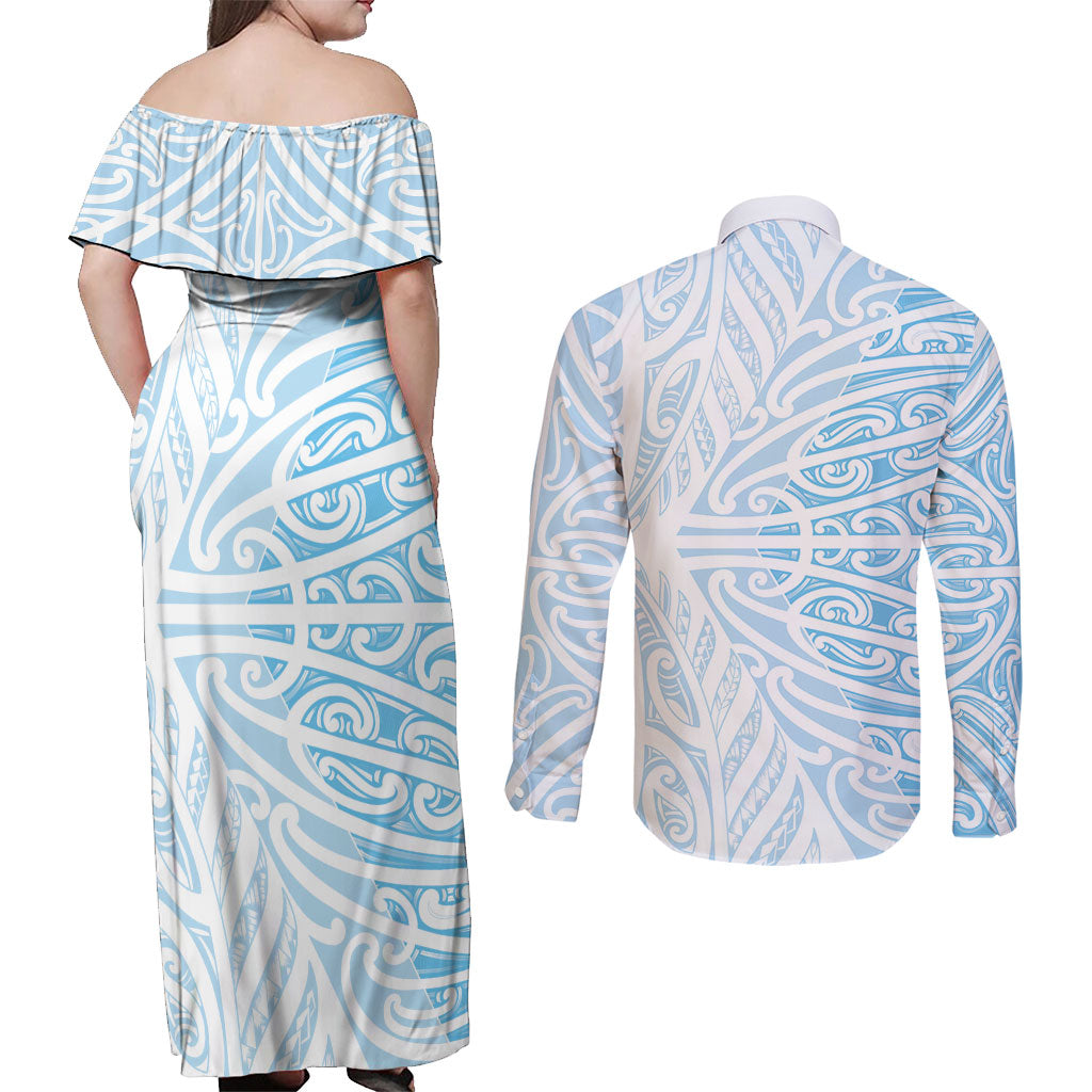 Blue New Zealand Puhoro Maori Tattoo Couples Matching Off Shoulder Maxi Dress and Long Sleeve Button Shirt