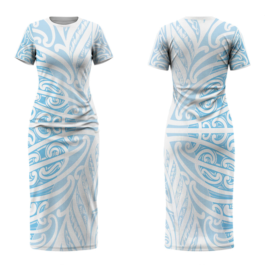 Blue New Zealand Puhoro Maori Tattoo Couples Matching Short Sleeve Bodycon Dress and Hawaiian Shirt LT14 - Polynesian Pride