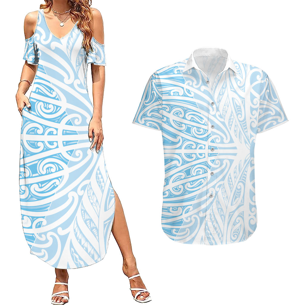 Blue New Zealand Puhoro Maori Tattoo Couples Matching Summer Maxi Dress and Hawaiian Shirt