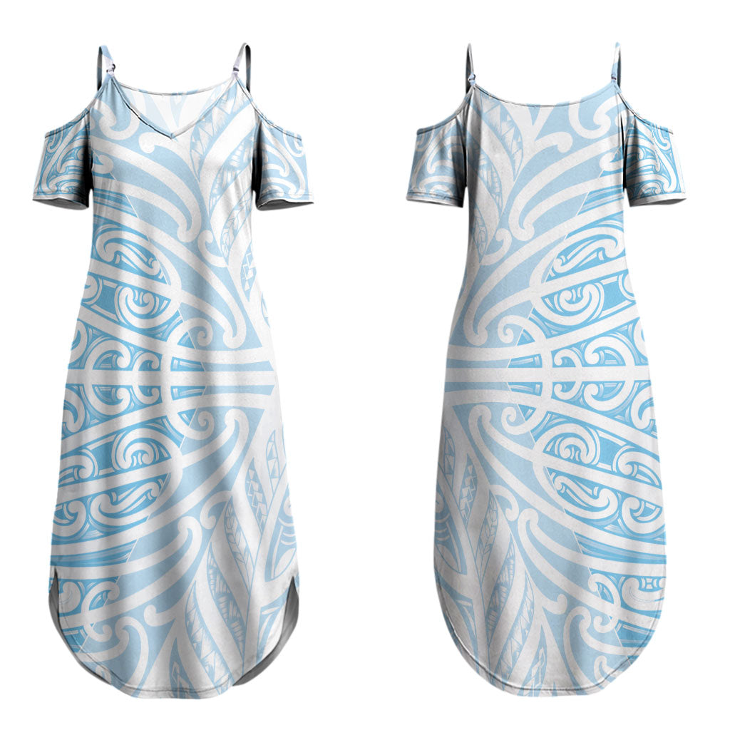 Blue New Zealand Puhoro Maori Tattoo Couples Matching Summer Maxi Dress and Long Sleeve Button Shirt LT14 - Polynesian Pride