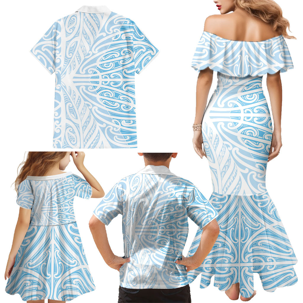 Blue New Zealand Puhoro Maori Tattoo Family Matching Mermaid Dress and Hawaiian Shirt