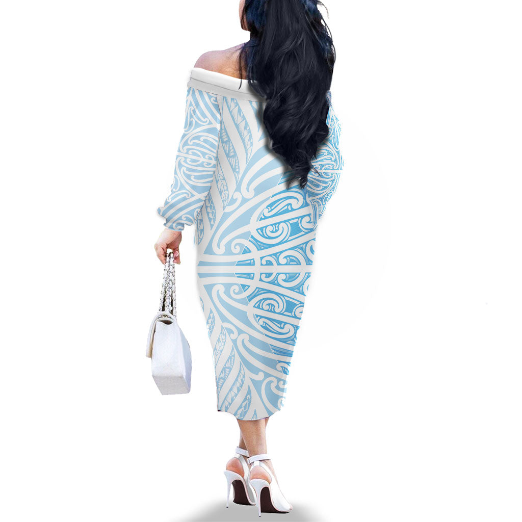 Blue New Zealand Puhoro Maori Tattoo Family Matching Off The Shoulder Long Sleeve Dress and Hawaiian Shirt