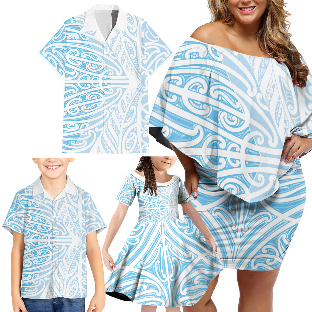 Blue New Zealand Puhoro Maori Tattoo Family Matching Off Shoulder Short Dress and Hawaiian Shirt
