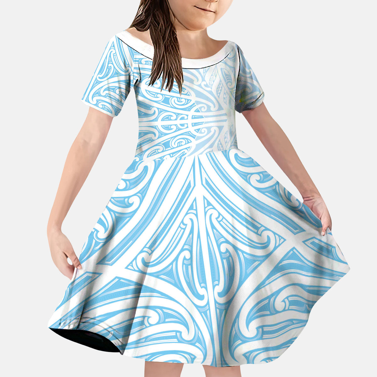 Blue New Zealand Puhoro Maori Tattoo Kid Short Sleeve Dress