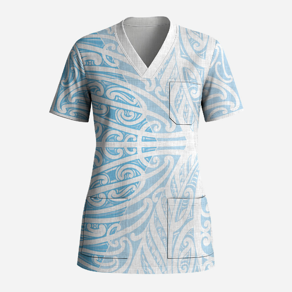 Blue New Zealand Puhoro Maori Tattoo Scrub Top