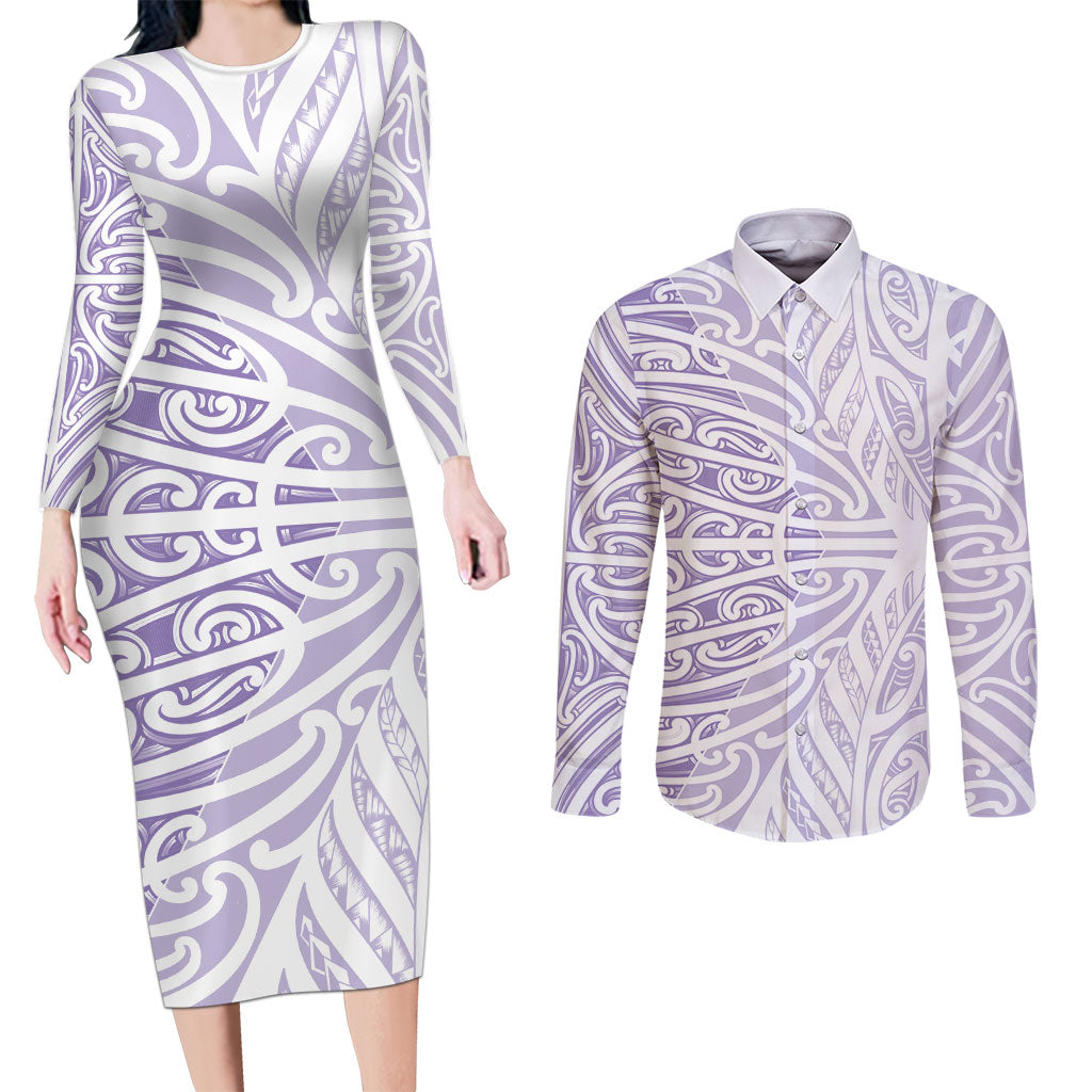 Purple New Zealand Puhoro Maori Tattoo Couples Matching Long Sleeve Bodycon Dress and Long Sleeve Button Shirt