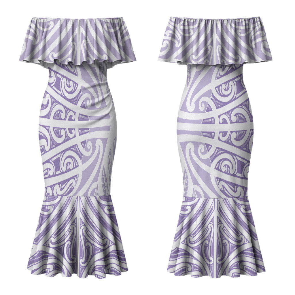 Purple New Zealand Puhoro Maori Tattoo Couples Matching Mermaid Dress and Long Sleeve Button Shirt LT14 - Polynesian Pride