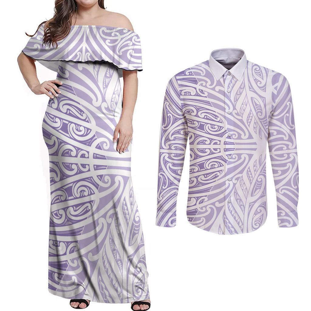 Purple New Zealand Puhoro Maori Tattoo Couples Matching Off Shoulder Maxi Dress and Long Sleeve Button Shirt
