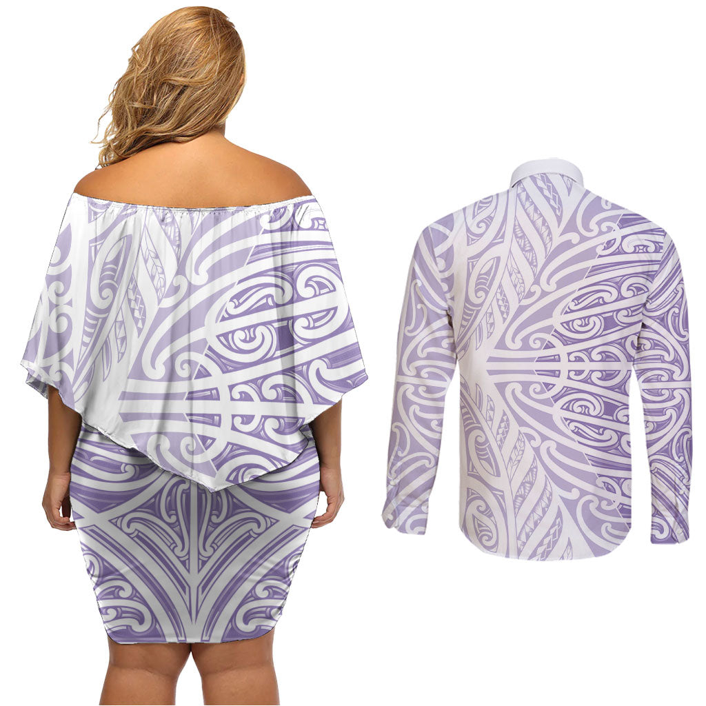 Purple New Zealand Puhoro Maori Tattoo Couples Matching Off Shoulder Short Dress and Long Sleeve Button Shirt