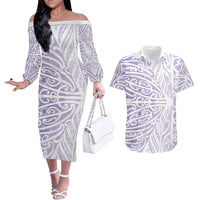 Purple New Zealand Puhoro Maori Tattoo Couples Matching Off The Shoulder Long Sleeve Dress and Hawaiian Shirt