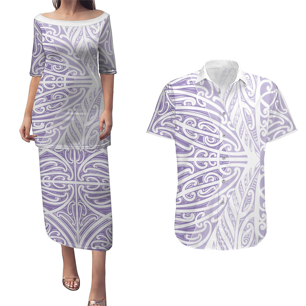 Purple New Zealand Puhoro Maori Tattoo Couples Matching Puletasi and Hawaiian Shirt