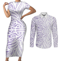 Purple New Zealand Puhoro Maori Tattoo Couples Matching Short Sleeve Bodycon Dress and Long Sleeve Button Shirt