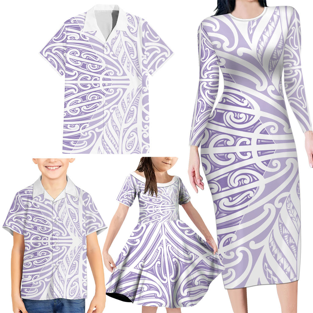 Purple New Zealand Puhoro Maori Tattoo Family Matching Long Sleeve Bodycon Dress and Hawaiian Shirt
