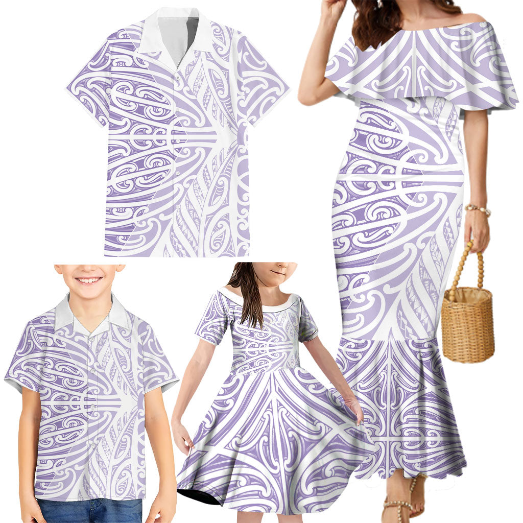Purple New Zealand Puhoro Maori Tattoo Family Matching Mermaid Dress and Hawaiian Shirt