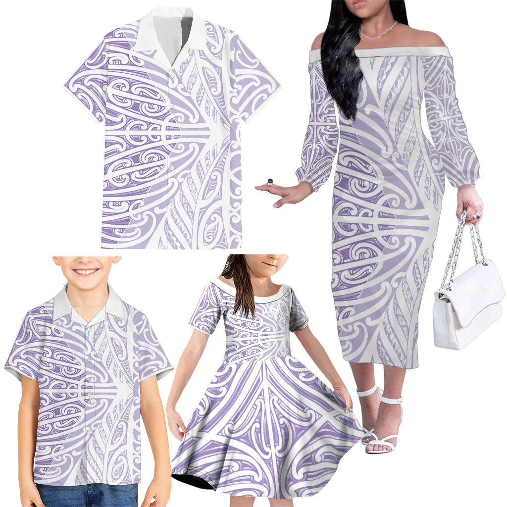 Purple New Zealand Puhoro Maori Tattoo Family Matching Off The Shoulder Long Sleeve Dress and Hawaiian Shirt