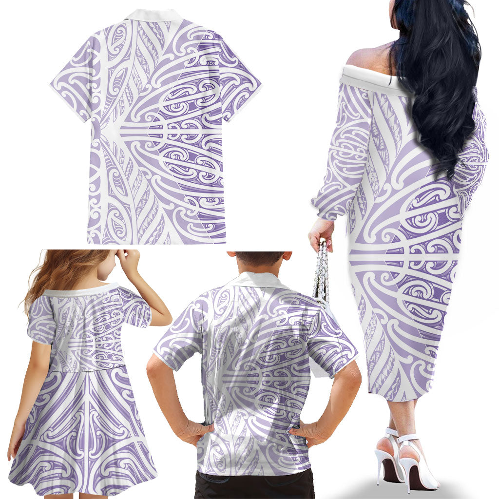 Purple New Zealand Puhoro Maori Tattoo Family Matching Off The Shoulder Long Sleeve Dress and Hawaiian Shirt