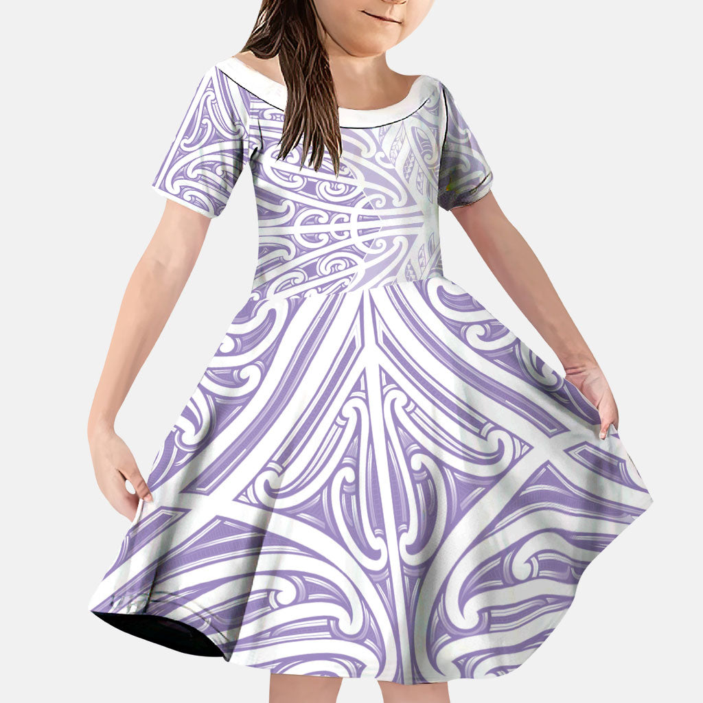Purple New Zealand Puhoro Maori Tattoo Family Matching Off Shoulder Short Dress and Hawaiian Shirt