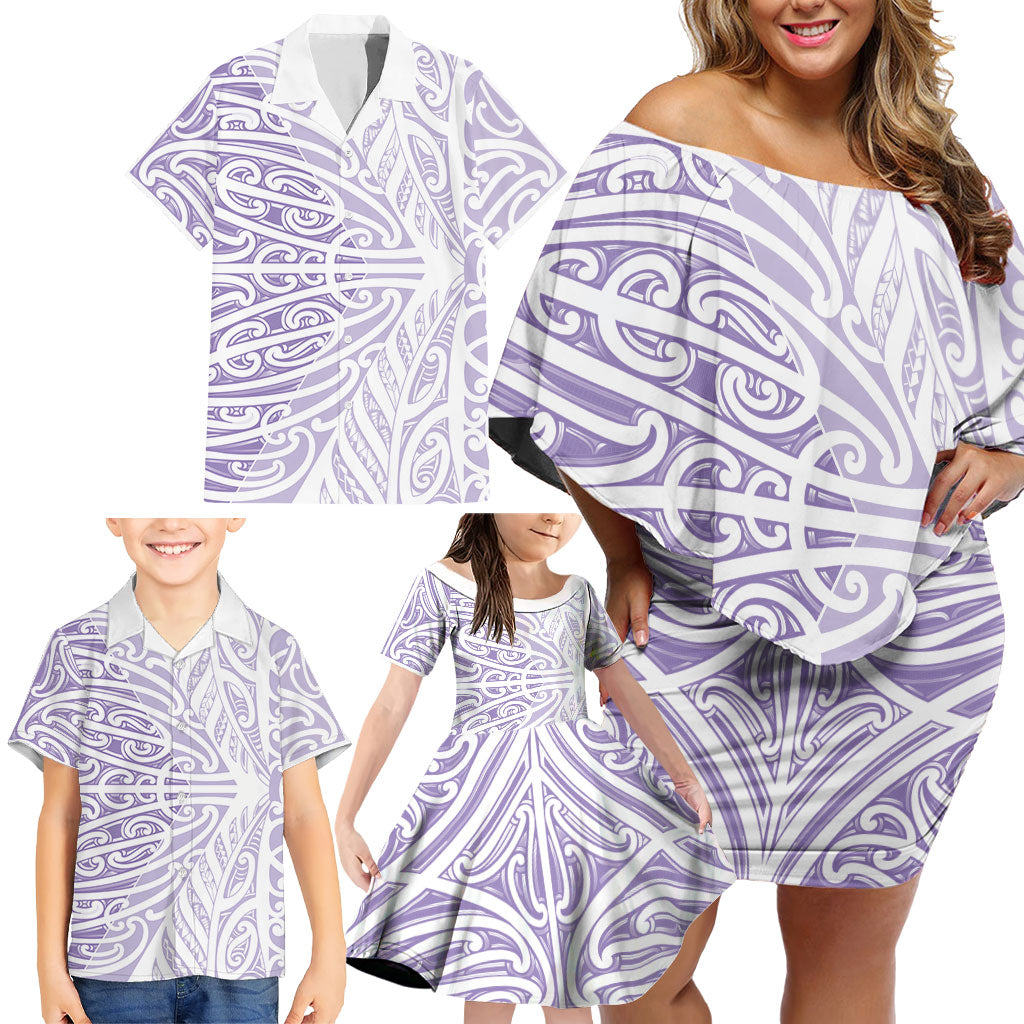 Purple New Zealand Puhoro Maori Tattoo Family Matching Off Shoulder Short Dress and Hawaiian Shirt
