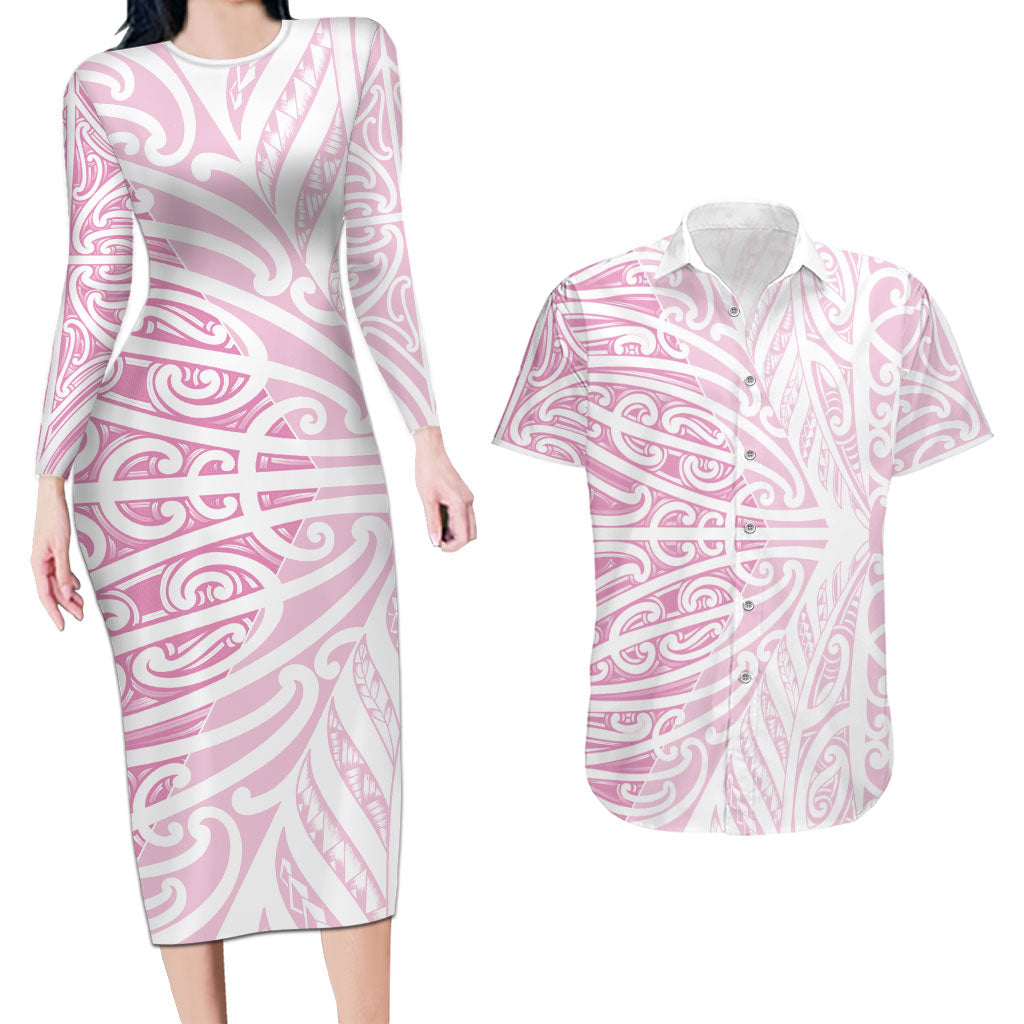 Pink New Zealand Puhoro Maori Tattoo Couples Matching Long Sleeve Bodycon Dress and Hawaiian Shirt