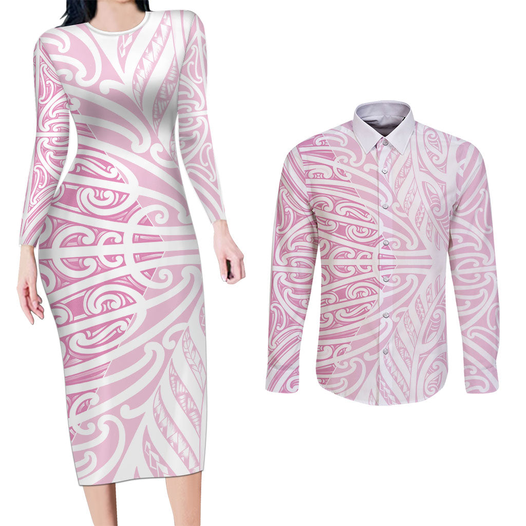 Pink New Zealand Puhoro Maori Tattoo Couples Matching Long Sleeve Bodycon Dress and Long Sleeve Button Shirt