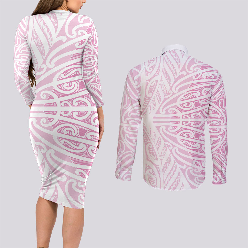 Pink New Zealand Puhoro Maori Tattoo Couples Matching Long Sleeve Bodycon Dress and Long Sleeve Button Shirt