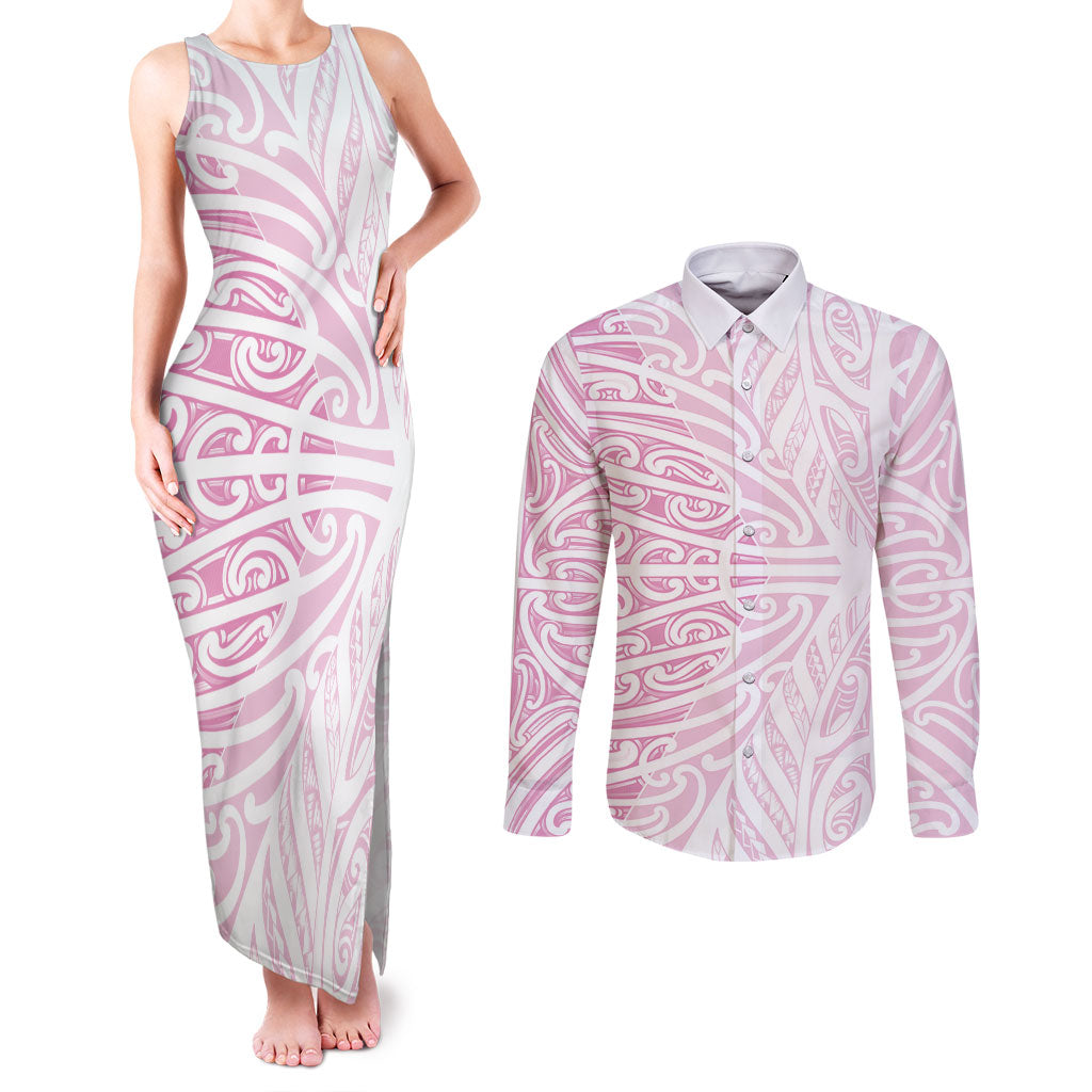 Pink New Zealand Puhoro Maori Tattoo Couples Matching Tank Maxi Dress and Long Sleeve Button Shirt