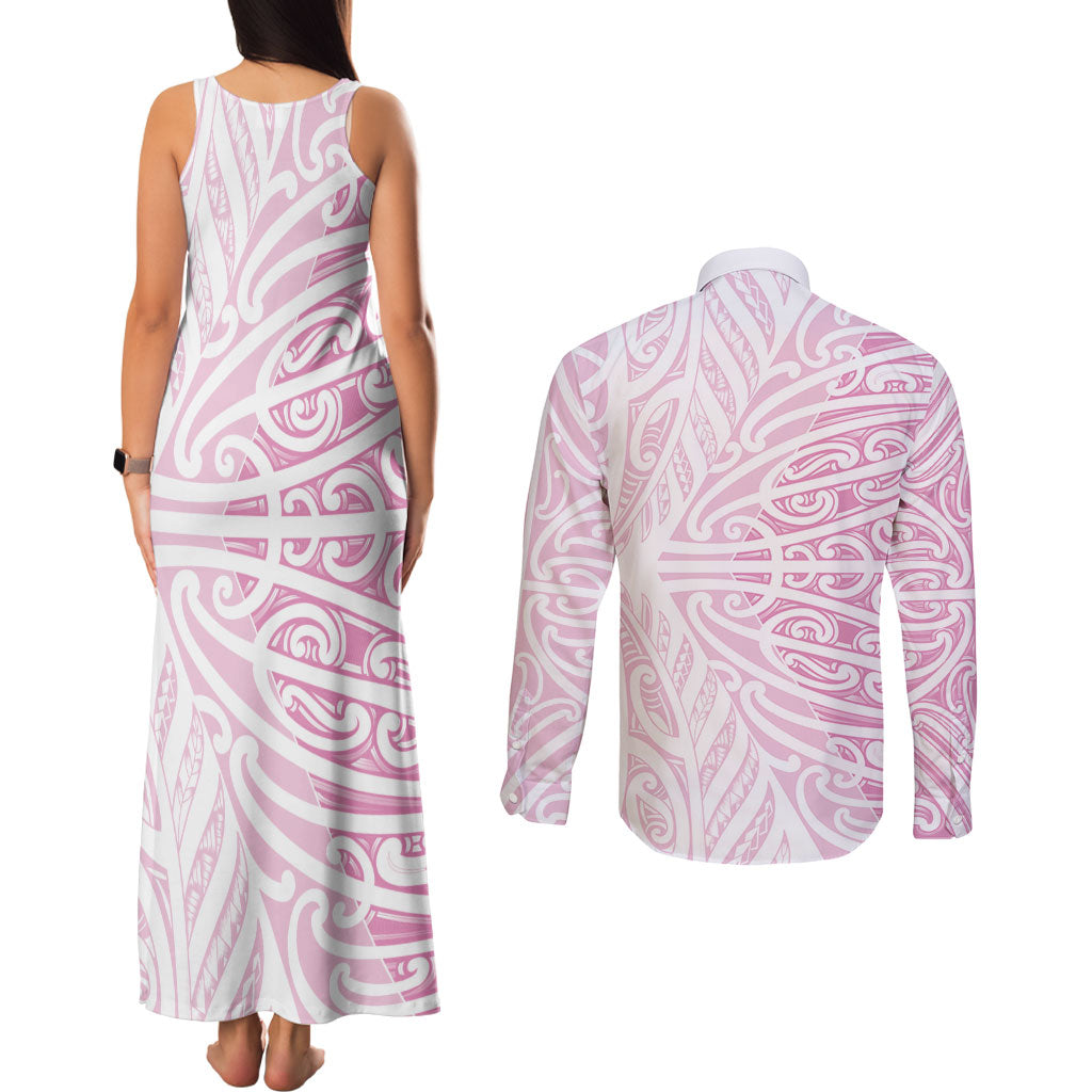 Pink New Zealand Puhoro Maori Tattoo Couples Matching Tank Maxi Dress and Long Sleeve Button Shirt