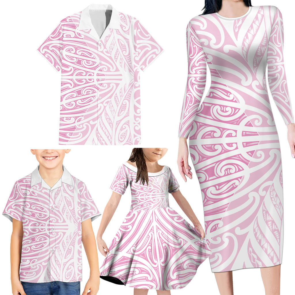 Pink New Zealand Puhoro Maori Tattoo Family Matching Long Sleeve Bodycon Dress and Hawaiian Shirt