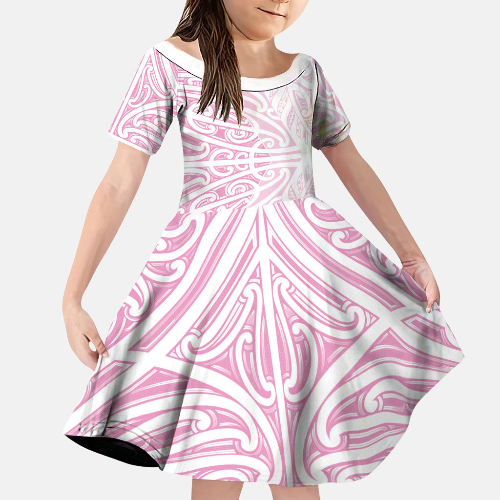 Pink New Zealand Puhoro Maori Tattoo Family Matching Off The Shoulder Long Sleeve Dress and Hawaiian Shirt