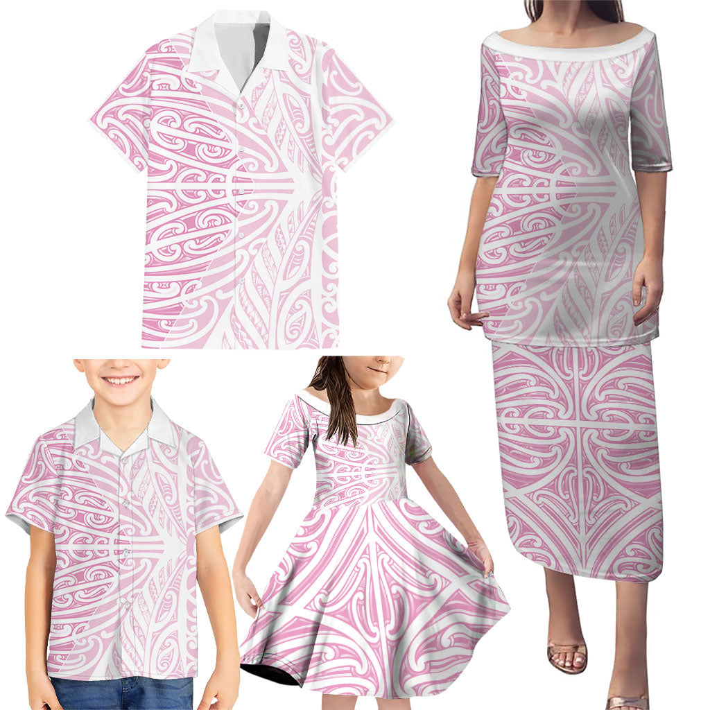 Pink New Zealand Puhoro Maori Tattoo Family Matching Puletasi and Hawaiian Shirt