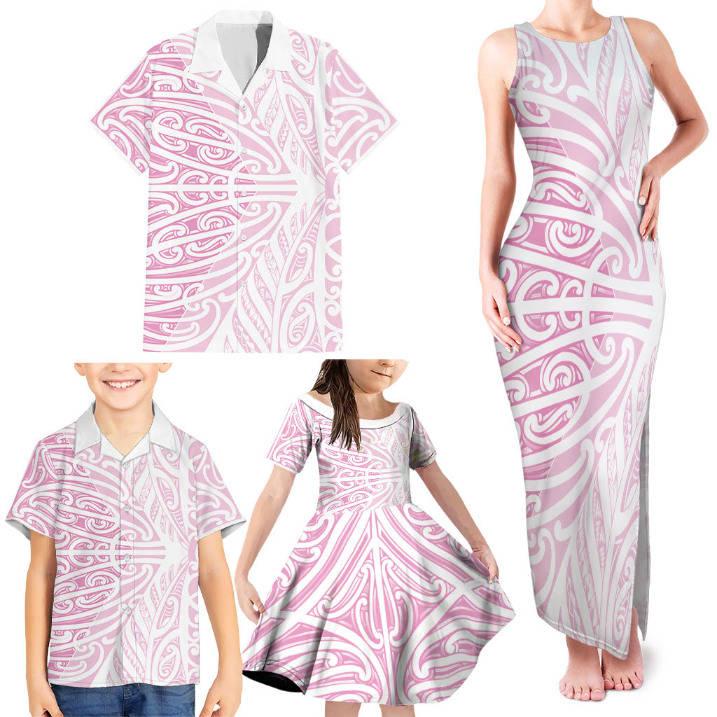 Pink New Zealand Puhoro Maori Tattoo Family Matching Tank Maxi Dress and Hawaiian Shirt