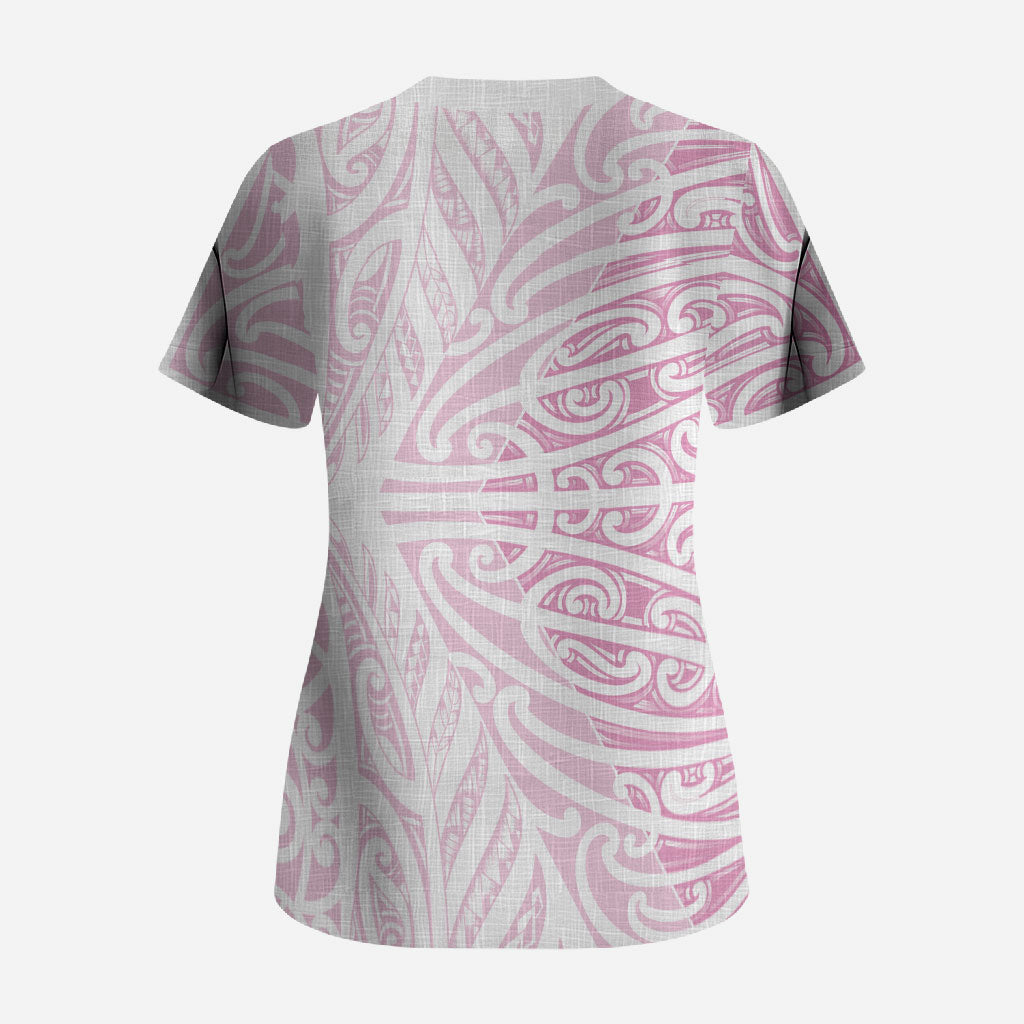 Pink New Zealand Puhoro Maori Tattoo Scrub Top