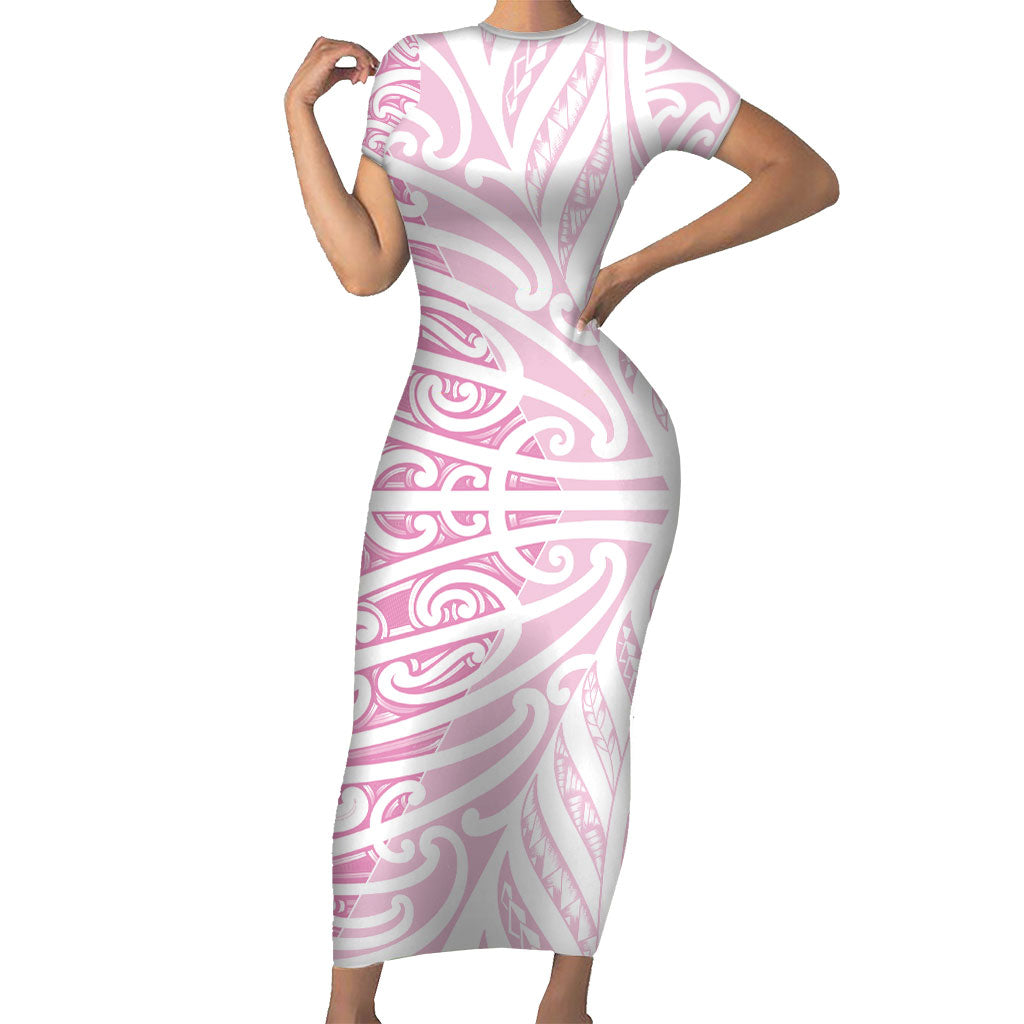 Pink New Zealand Puhoro Maori Tattoo Short Sleeve Bodycon Dress