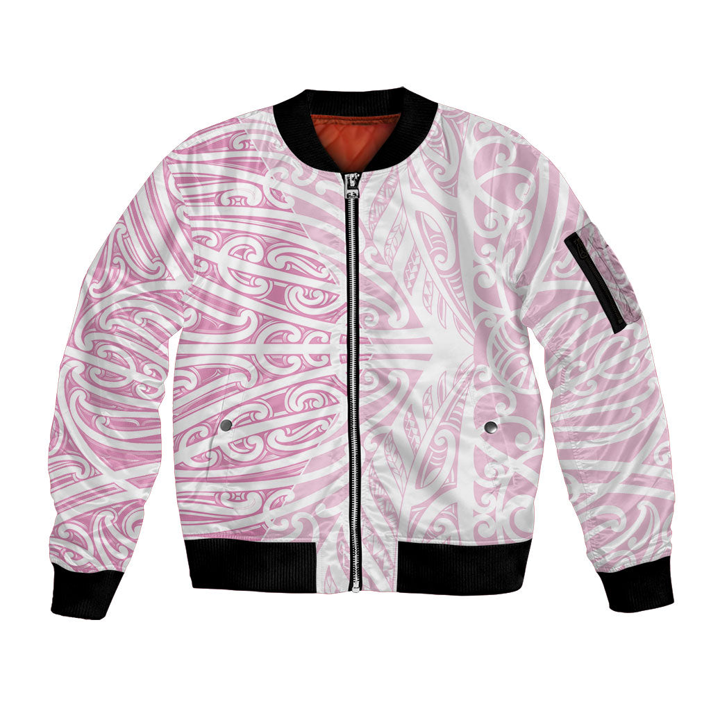 Pink New Zealand Puhoro Maori Tattoo Sleeve Zip Bomber Jacket