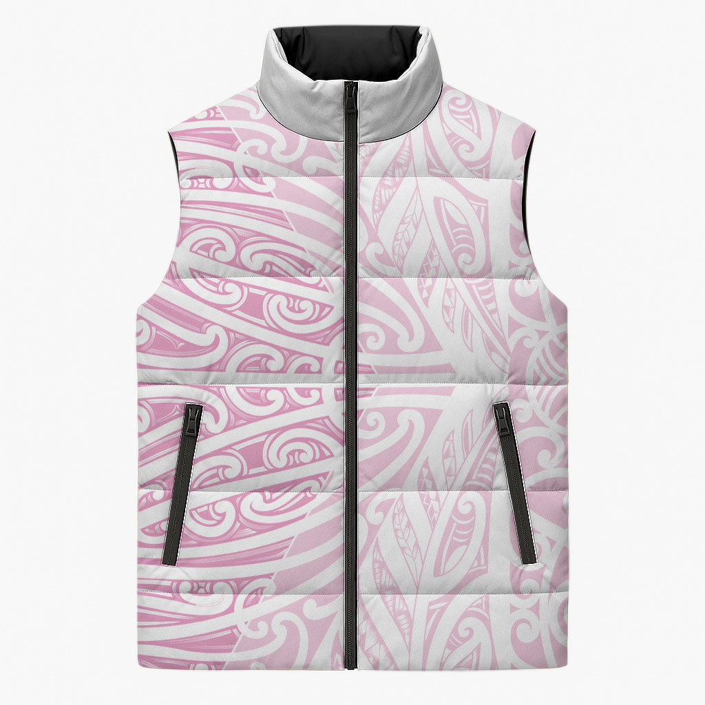 Pink New Zealand Puhoro Maori Tattoo Sleeveless Puffer Jacket