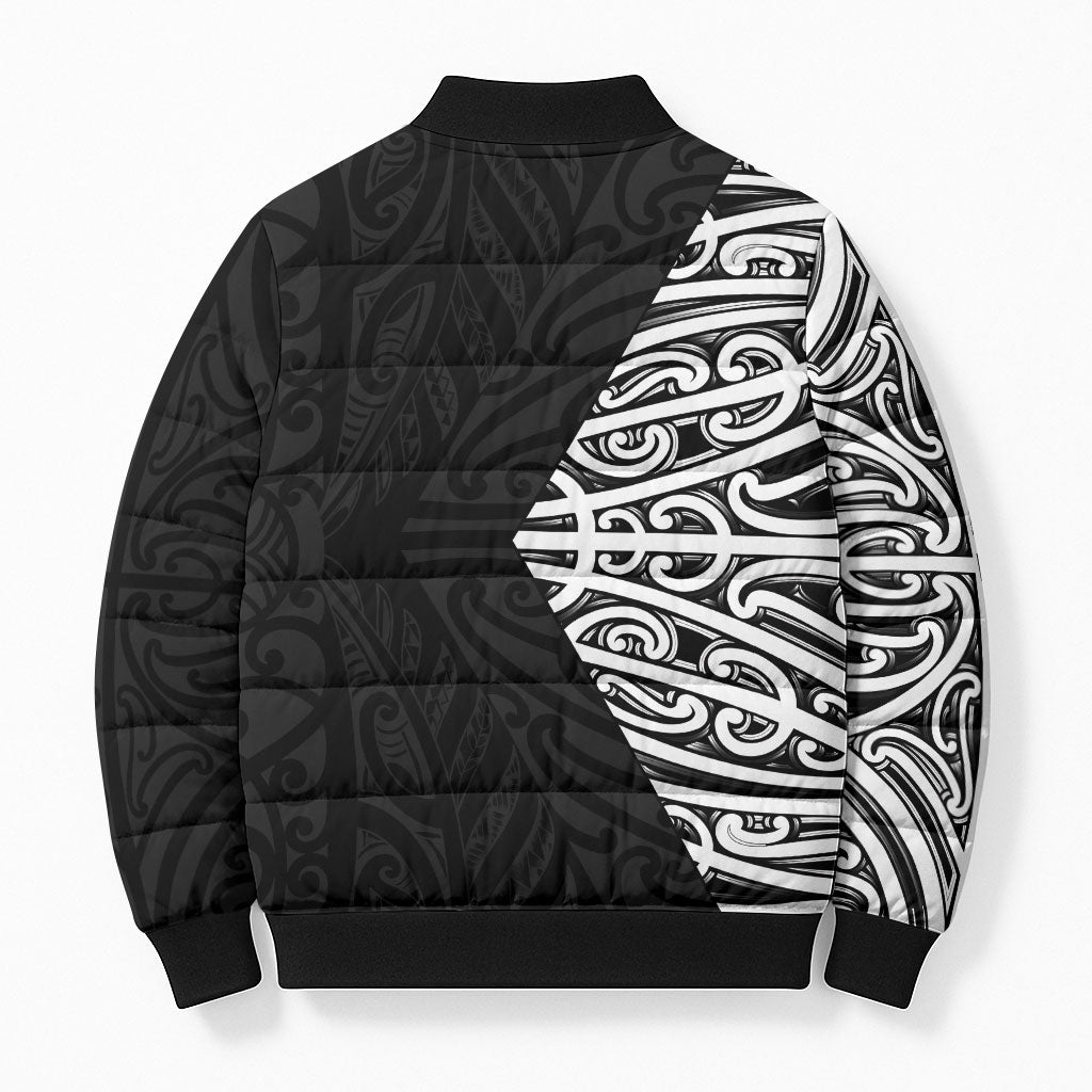 Black New Zealand Puhoro Maori Tattoo Bomber Puffer Jacket